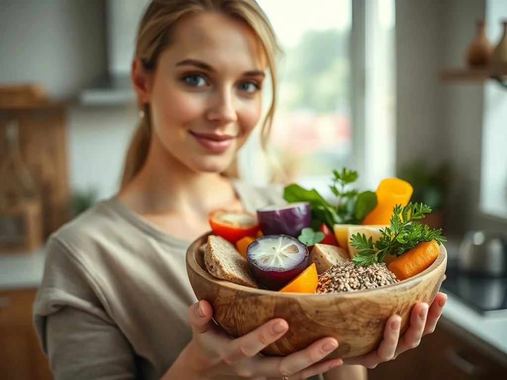 Kobieta trzymająca miskę pełną warzyw, pełnoziarnistych produktów i nasion chia, symbolizującą zdrową dietę bogatą w błonnik.