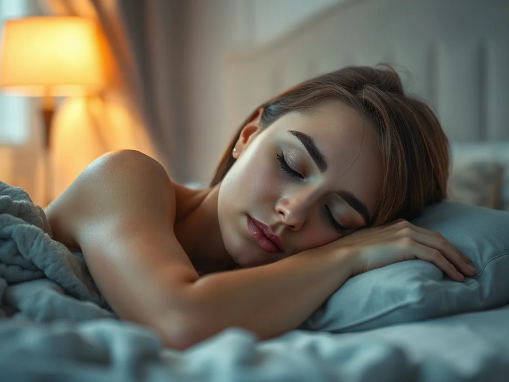 Kobieta spokojnie śpiąca w przytulnej sypialni, skąpanej w ciepłym, nastrojowym świetle księżyca.